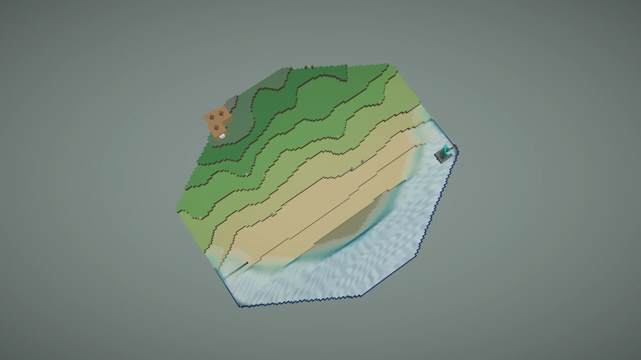 Top-down hex island half-taken by sea